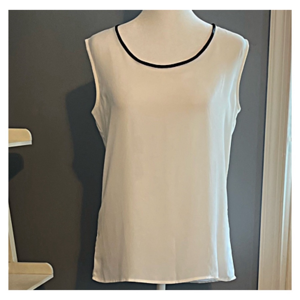 ANN TAYLOR PETITES SP Scoop Neck Jersey Tank Faux Leather Trim; High-Low Hem